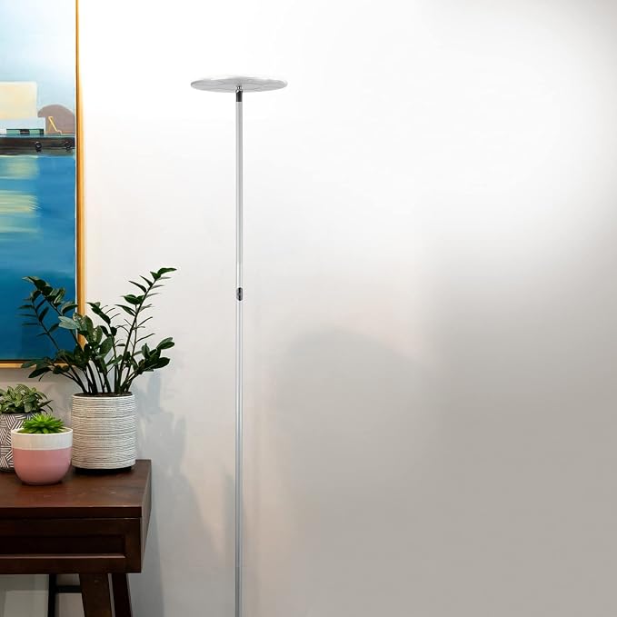Brightech Sky LED Floor lamp, Torchiere Super Bright Floor Lamp for Living Room Decor & Office - Dimmable, Tall Standing Torch Lamp with Warm Light for Bedroom & Reading - Platinum Silver