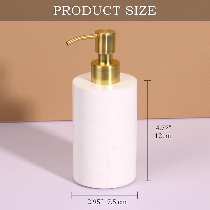 Natural Marble Soap Dispenser for Bathroom and Kitchen Countertop - 5.41 Ounces Hand Lotion and Liquid Stone Shampoo Laundry Bottle with Pump (1, White, Cylindrical Bottle)