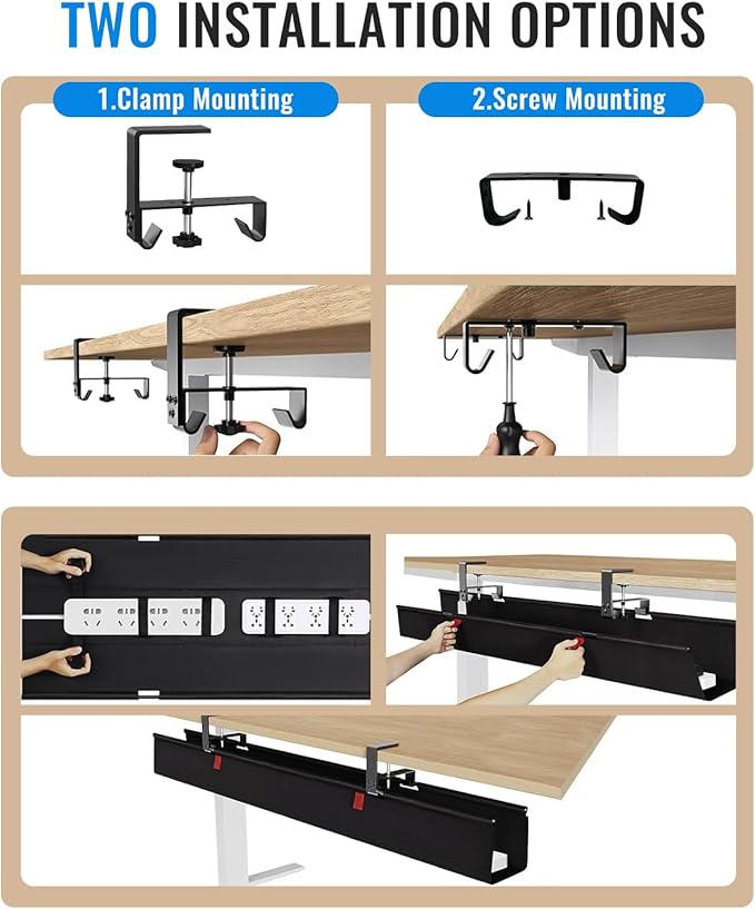 48" No Drill Under Desk Cable Management Tray - Upgraded Oxford Fabric with Cable Loop, No Damage to Table for Standing Desks and Home Office (Extra Large (48 Inch))