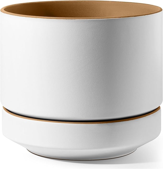 LE TAUCI 12 Inch Pot for Plants with Saucer, Ceramic Indoor Planter Pot with Drainage Hole, Mesh Pad & Plug Included, Matte Glazed Outside, Modern for Home and Office, Alpine White & Ochre