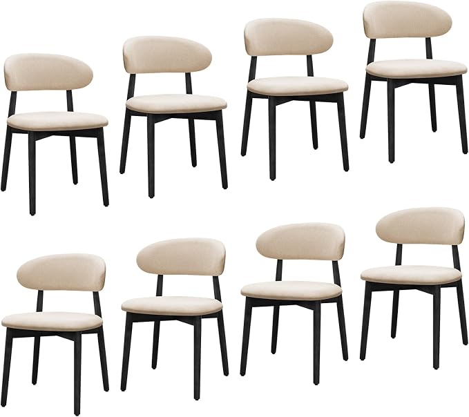 Wooden Dining Chairs Set of 8, Mid Century Modern Fabric Upholstered Kitchen Chairs Side Chairs, Farmhouse Dining Room Chair with Black Legs for Kitchen Dining Room Restaurant Cafe, Beige, Only Chairs