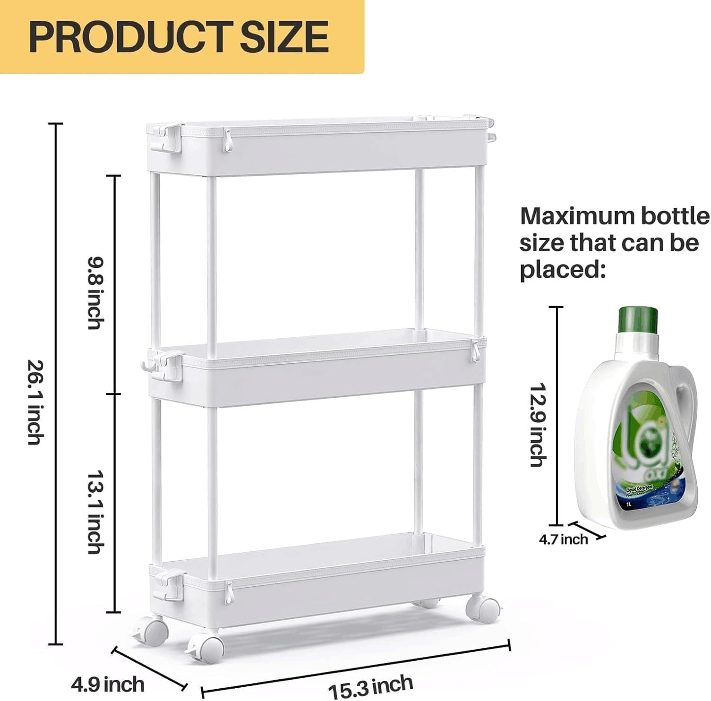 SPACEKEEPER Slim Rolling Storage Cart - 3 Tier Mobile Organizer for Bathroom & Laundry - White