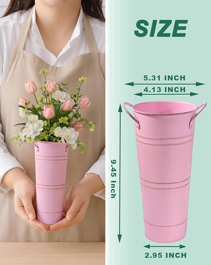 9 Inch Galvanized Metal Vases for Flowers - 2 Pcs Farmhouse Decorative Tall Flower Bucket with Handles, Rustic French Tin Planter Buckets for Wedding Decor (Pink)