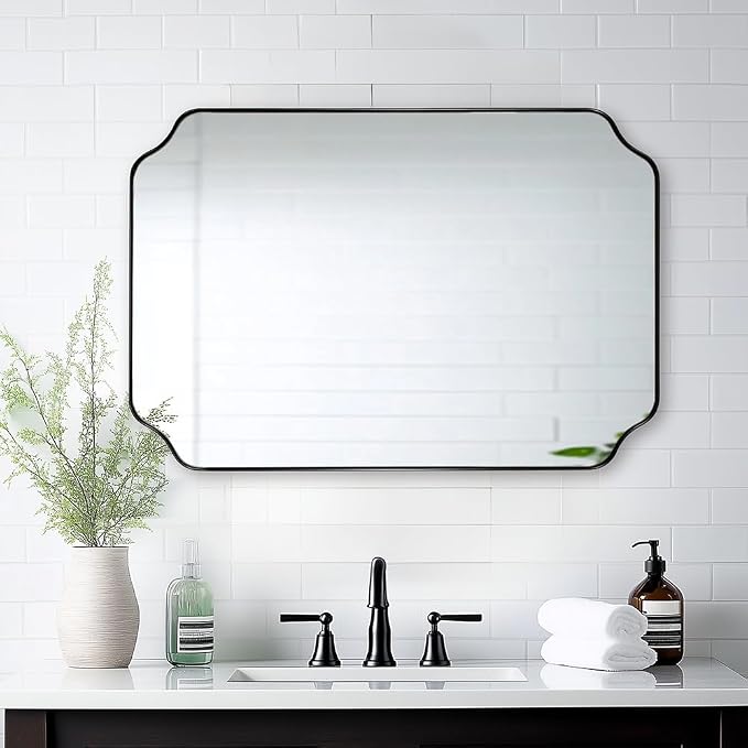 ANDY STAR Black Bathroom Mirror, 22x30 Inch Asymmetrical Mirror, Irregular Wall Mirror in Stainless Steel Metal Frame, Modern Scalloped Mirrors Ideal for Bathroom, Bedroom (Horizontal/Vertical)