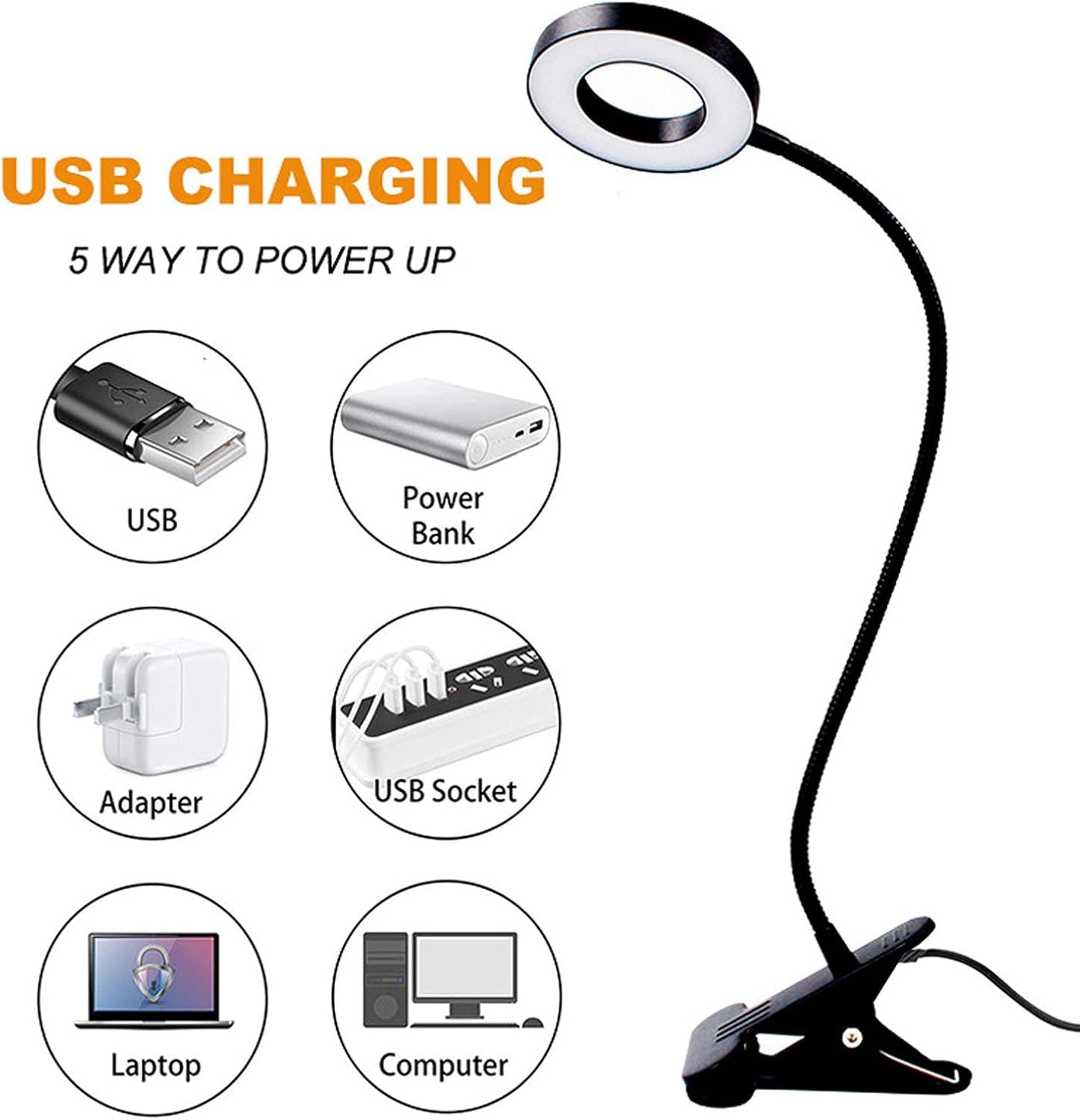 Skiennix LED Desk Reading Light - Adjustable Clamp-On Design with 3 Color Modes & 10 Brightness Levels | Black
