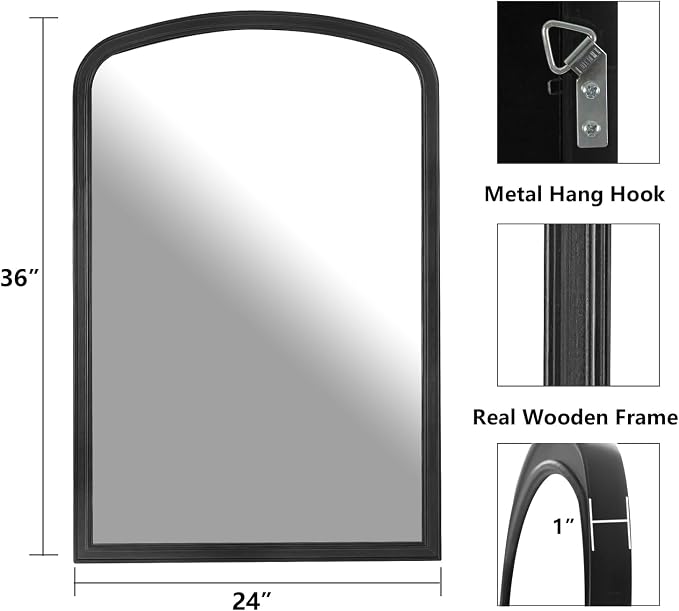 WallBeyond Arched Wall Mirror Wood Framed, 24" x 36" Rustic Farmhouse Wood Arched Mirror for Bathroom Wall Decor Entryway Living Room (Black)