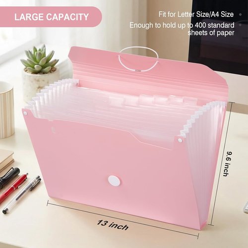 Comix Accordion File Organizer - 13 Pocket Expanding Folder with Labels for A4/Letter Size Documents | Pink