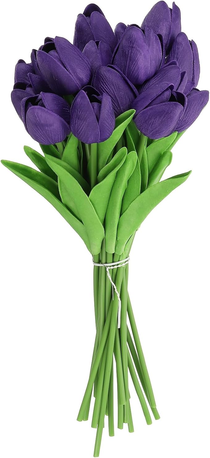 uxcell 20pcs Tulips Artificial Flowers, Faux Flowers Silk Fake Tulip Stems Real Touch for Wedding Bouquet Centerpiece Table Party Decoration(Dark Purple)