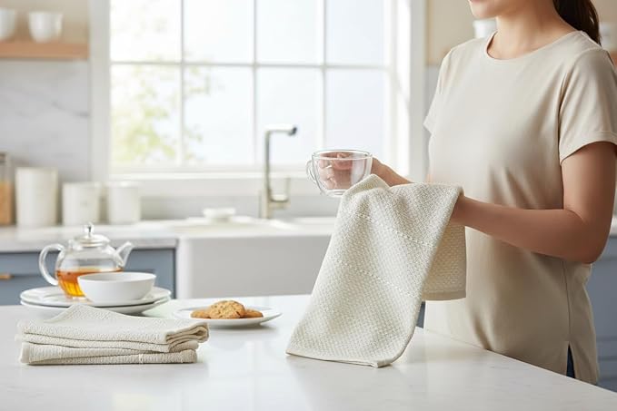Off White Ivory Cream Kitchen Hand Dish Towels: Oversized 28" x 18",100% Cotton Cloth Soft Cleaning Drying Absorbent Textured Design, Set of 3 Multipurpose for Everyday Use (Creme Textured)