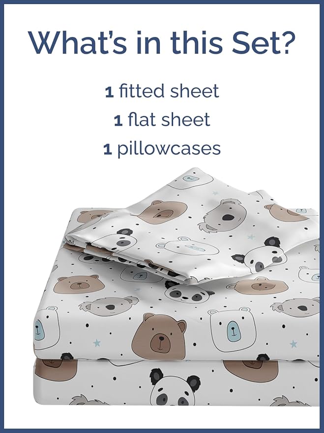 Kids Bears Twin 3 Piece Sheet Set - Boys, Girls, Teens, Toddler - Easy Fit, Deep Pockets - Breathable, Hotel Quality Bedding Sheets - Machine Washable - Wrinkle Free - Cute, Cozy & Soft - CGK Linens