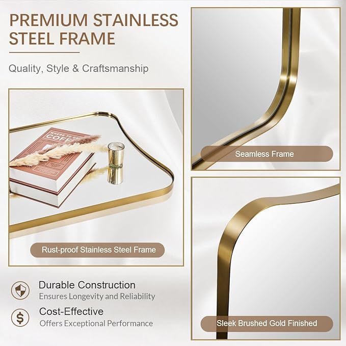 ANDY STAR Full Length Mirror 21" x 64", Gold Decorative Full Body Mirror with Stainless Steel Thin Frame, Italian Curved Edge Design, Wall Mount or Leaning for Bedroom, Cloakroom, Living Room