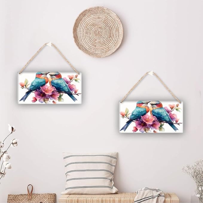 Colorful Avian & Floral Wooden Sign, 12x6 Inch Artistic Wood Decors for Bird Admirers & Whimsical Home Fans, Ideal for Living Room Focal Points & Nature-Inspired Design