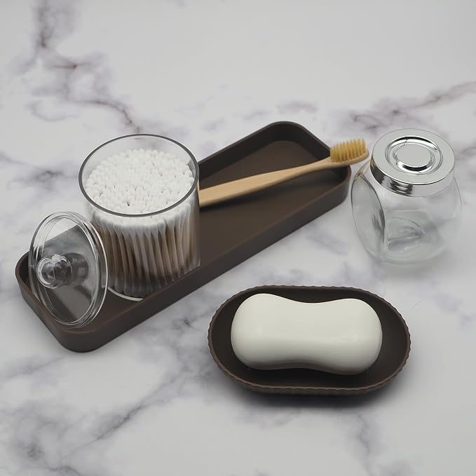 Bathroom Accessory Set - 10 Piece Brown Bathroom Accessories Set with Trash Can, Toothbrush Holder and Cup, Soap Dispenser, Soap Dish, Toilet Brush Holder, Vanity Tray, Qtip Holder, Tissue Box Cover