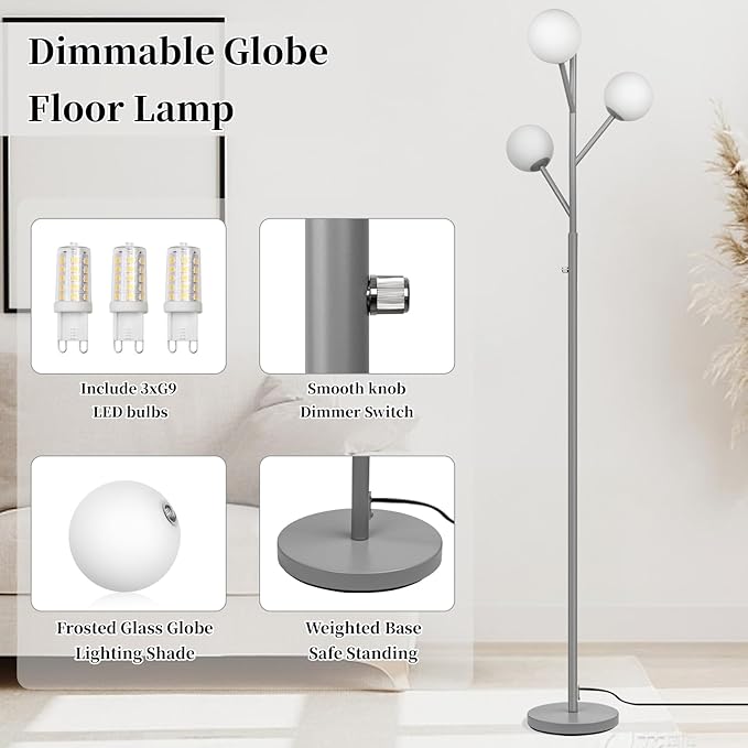 Ldeco Dimmable 3-Globe Mid Century Modern Floor Lamp, Bulbs Included,70in Tall Silver Standing Floor Lamp with Frosted Glass Shade for Living Room,Office Bedroom, Study Room, Hotel, (dimmer-Silver)