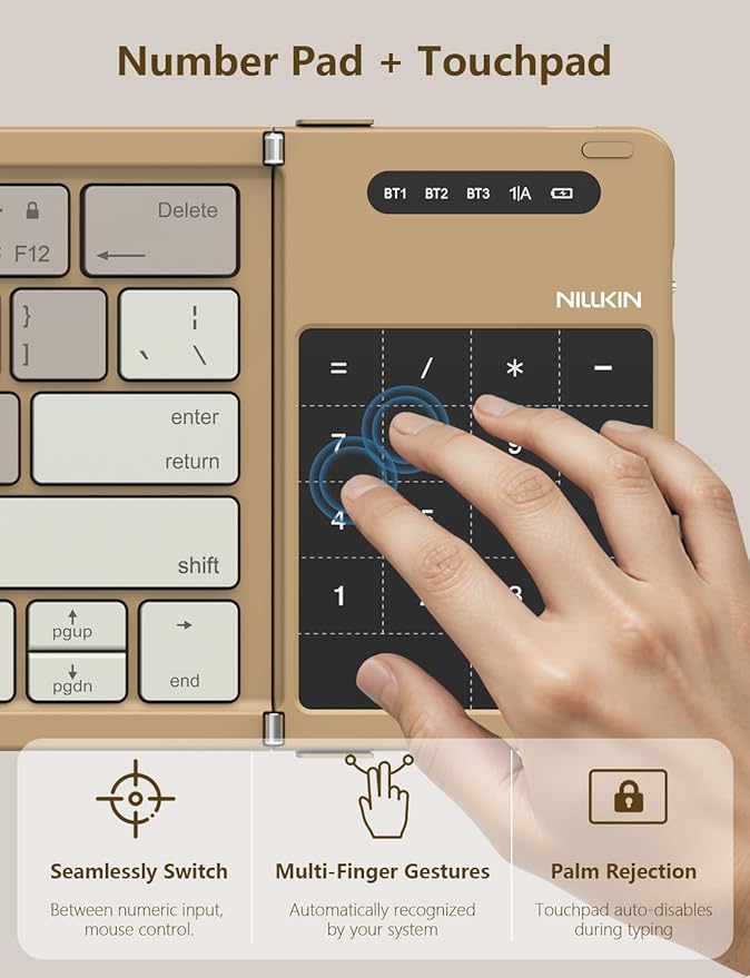 Nillkin Foldable Bluetooth Keyboard with Touchpad & Number Pad, Portable Bluetooth Keyboard with Full Size Keys, Pocket-Sized Wireless Travel Keyboards for iPad, Smartphone, Tablet and Laptop Khaki