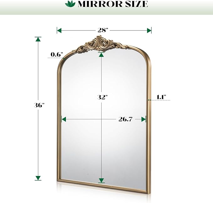 Arched Antique Gold Wall Mirror, 28"x36" Vintage Bathroom Mirror Over Sink, Ornate Arched Brass Wall Mirror for Fireplace, Living Room, Entryway, Bedroom, Hanging or Leaning
