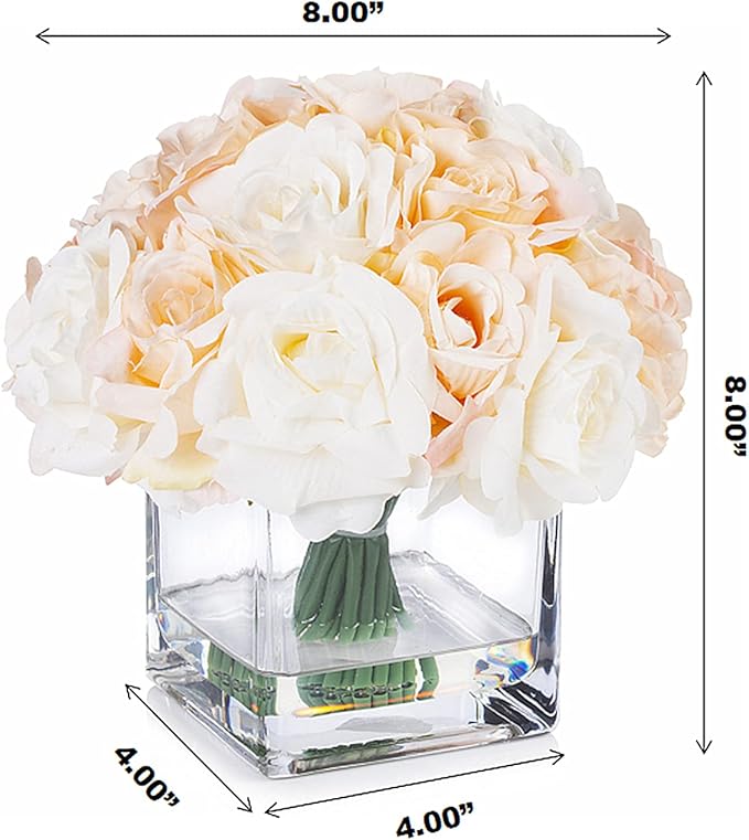 Enova Floral 18 Pieces Artificial Silk Roses Fake Flower Arrangement in Cube Glass Vase with Faux Water for Home Office Wedding Decoration (Cream Beige)