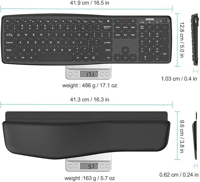 Arteck Multi-Device Comfortable Wireless Bluetooth Keyboard with Nano USB-A, USB-C Type C Receiver Palm Wrist Rest Full Size Keyboard for Windows iPad OS Android, Computer Desktop Laptop PC Tablet