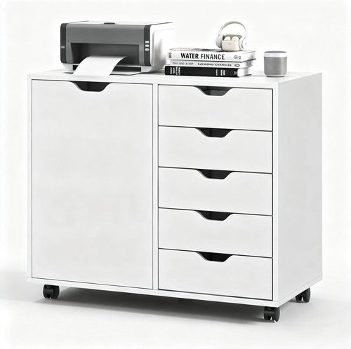 Regine Switzerland 5-Drawer Wood Storage Cabinet - Adjustable Shelf & Wheels | White, 15.7" D x 30.7" W x 25.4" H