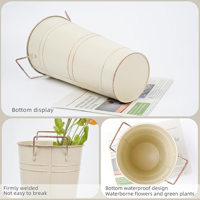 Notakia 10.62 Inch Galvanized Metal Vases Farmhouse French Flower Bucket Vases for Cut Flowers for Home Decor and Wedding Table Centerpiece Decorations (Medium Beige 8Pcs)