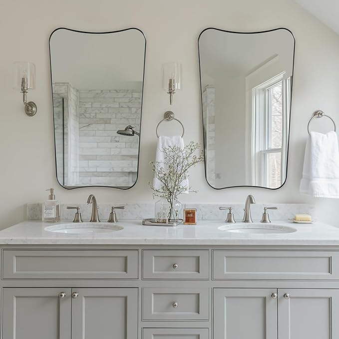 ANDY STAR Scalloped Bathroom Mirror, 24x40’’ Brushed Nickel Frame Mirror, Silver Bathroom Vanity Mirror, Modern Scalloped Edge Design in Rust-Proof Stainless Steel 1” Frame