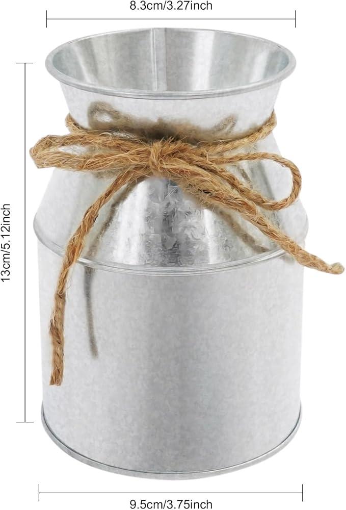 Flower Vase Decor, Farmhouse Metal Galvanized Milk Can Jug Vase with Bow, Flower Buckets for Artificial Flowers for Table Centerpiece Weddings(Silver)