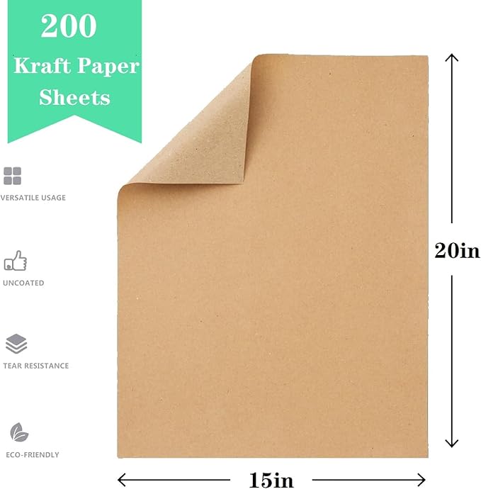 15”x 20”Kraft Paper Sheets Bulk Brown Paper Large Craft Paper for Arts, Drawing, DIY Projects, Brown Wrapping for Gift Shipping Packaging 200 Sheets