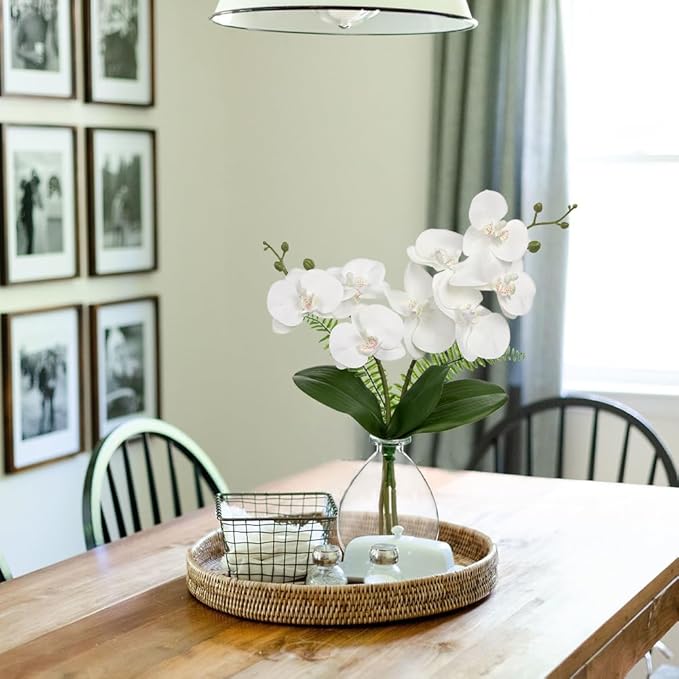 Oairse White Orchids Artificial Flowers, Faux Orchid in Glass Vase Real Touch Small Phalaenopsis Orchid Flowers Arrangements with Clear Vase Orchids Centerpiece for Dining Room Table