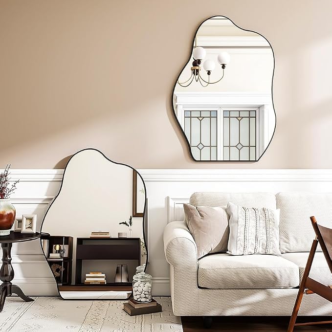 BEAUTYPEAK Asymmetrical Mirror, 22 x 32 Inches Irregular Wall Mirror, Wood Frame Unique Shape Wall Mounted, Decorative for Living Room Bedroom Entryway Hallway