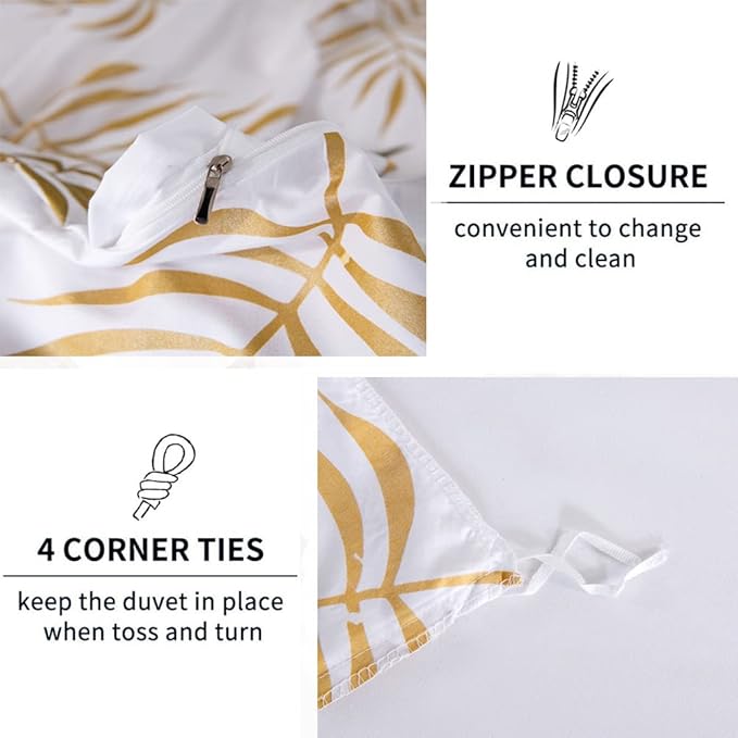 Nayoroom Gold Leaf Duvet Cover King Size Tropical Botanical Leaves Printed on White Bedding Set Soft Lightweight Microfiber Garden Farmhouse Comforter Covers with Zipper Closure Corner Ties