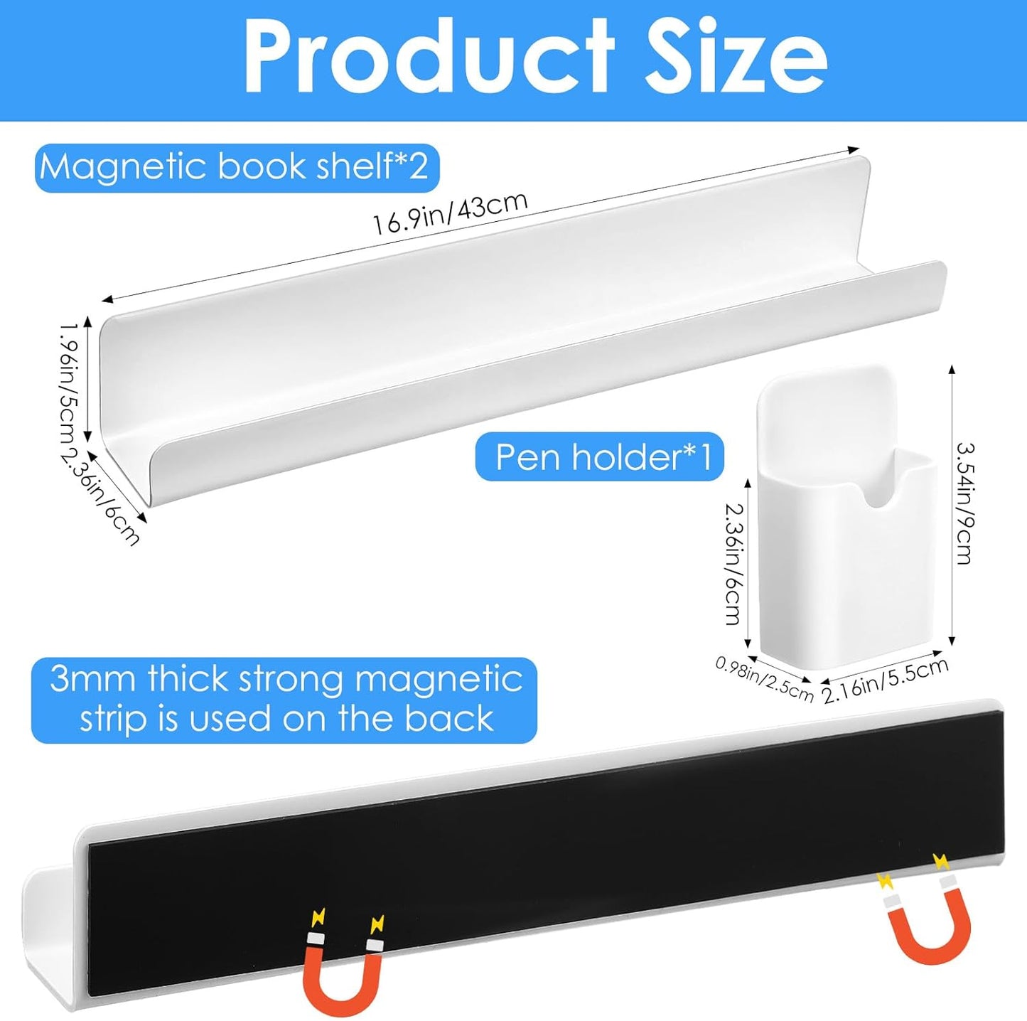 Skiennix Magnetic Book Shelf - Heavy-Duty Acrylic Holder with 8 lbs Capacity | Versatile Whiteboard Organizer (White)