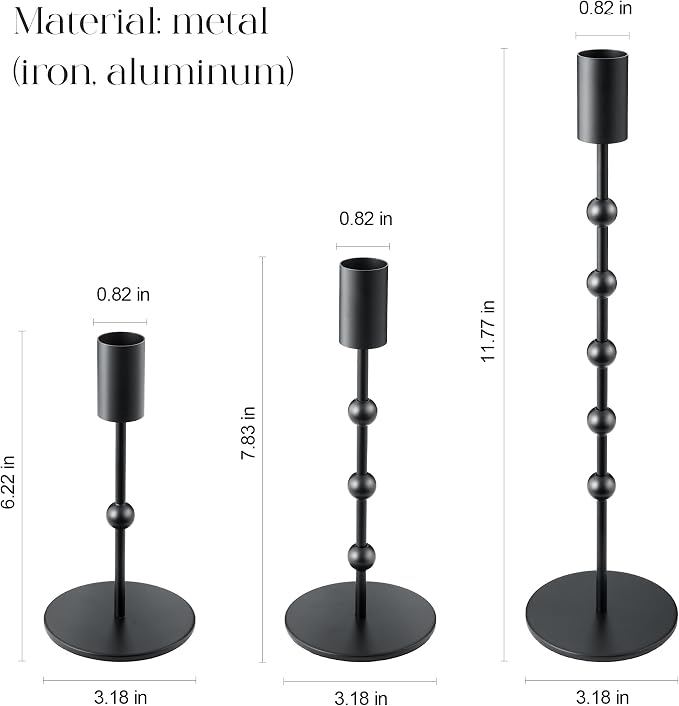 Black Candlestick Holders, Beaded Metal Taper Candle Stick Holders, Set of 3 Candle Holder for Fall Decorations, Tapered Candle Holders, Thanksgiving Table Centerpiece, Halloween Gothic Decor