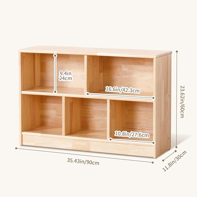 OOOK Rubber Wood 5-Compartment Montessori Shelf, 35.4" L Toddler Bookshelf, 2-Tier Wooden Storage Cabinet, Kids Classroom Organizer, Playroom, Daycare and Preschool Storage Shelves