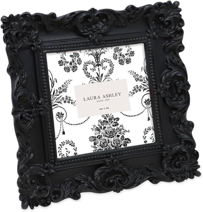 Laura Ashley 4x4 Black Ornate Textured Hand-Crafted Resin Picture Frame with Easel & Hook for Tabletop & Wall Display, Decorative Floral Design Home Décor, Photo Gallery, Art, More (4x4, Black)