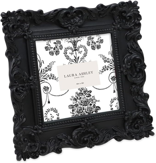 Laura Ashley 4x4 Black Ornate Textured Hand-Crafted Resin Picture Frame with Easel & Hook for Tabletop & Wall Display, Decorative Floral Design Home Décor, Photo Gallery, Art, More (4x4, Black)