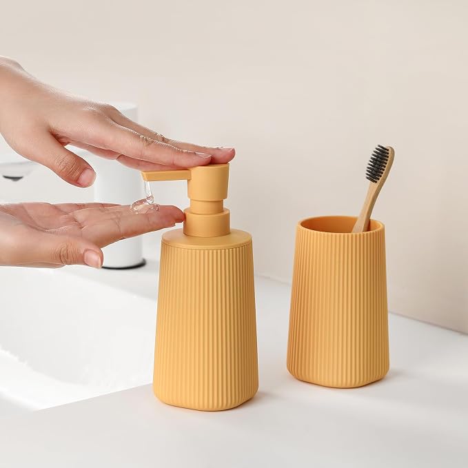 YAUKPH Bathroom Accessories Set 2 Piece Soap Dispenser and Toothbrush Holder for Bathroom Countertop Striped Yellow
