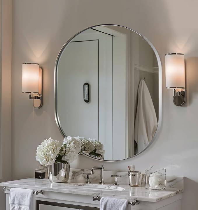 ANDY STAR Chrome Oval Mirror, 30x36'' Oval Mirror Pill-Shaped Design in Stainless Steel Metal Frame for Bathroom, Entryway, Living Room, Contemporary 1" Deep Wall Mount Vertical/Horizontal
