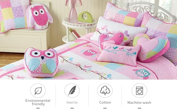 Cozy Line Home Fashions Cute Owl Pink Blue Green Embroidery 100% Cotton Reversible Girl Bedding Quilt Set, Coverlet, Bedspreads (Pink Owl, Queen - 3 Piece)