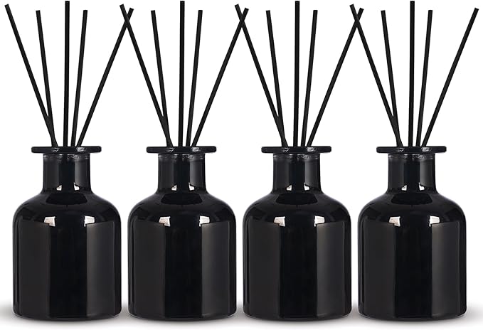 4 Pack Perfume Reed Diffuser Bottle,Empty Big Belly Aromatherapy Essential Oil Bottles Glass Jar with Black Sticks for DIY Fragrance Replacement Diffuser Sets (150ml/ 5 oz, Black Color)