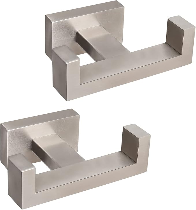 NearMoon Bath Double Towel Hook- SUS304 Stainless Steel Square Robe Towel Holder, Heavy Duty Rustproof Double Coat Hook for Bathroom Livingroom Kitchen Wall Mounted, 2 Pack (Brushed Nickel)