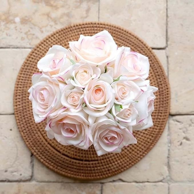 12-Piece Faux Real Touch Rose Bouquet in Ceramic Vase, Fake Flowers in Vase, Artificial Flowers for Home, Wedding, Bridal Bouquet, Party & Dining Table Centerpiece Decor (Pink Edge, 10" High)