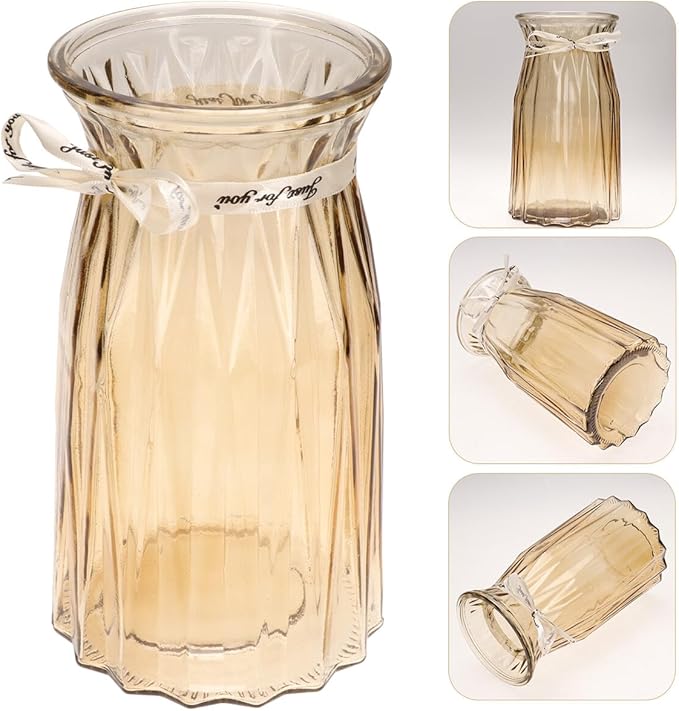 Nordic Style Glass Vase Amber Hydroponic Flower Bottle with Thickened Base Handmade Polished Smooth Opening Modern Decorative Storage Jar for Home and Office Decor