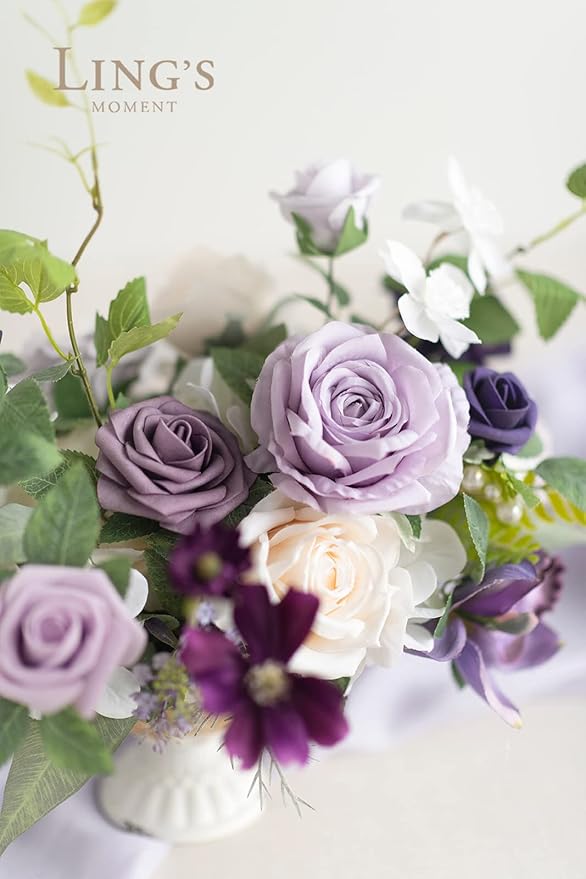 Ling's moment Lilac & Gold Artificial Flowers with Vase Wedding Decor Centerpiece Flower Potted for Ceremony Reception Tabletop Desk Flowers Mantel Archway Aisle, Light Purple Fake Flowers Set of 2