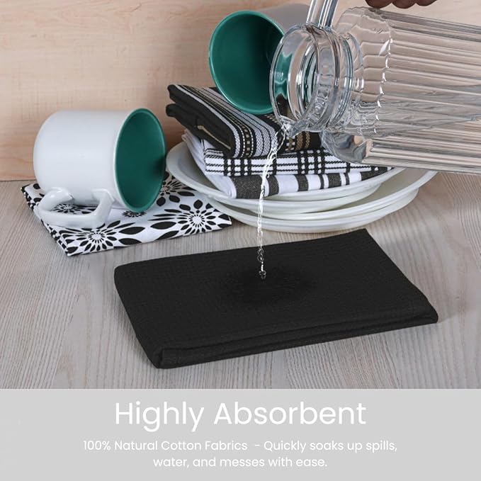 Assorted Kitchen Towels - Black Kitchen Towels, Set of 5, 16x26 in - Absorbent 100% Cotton Dish Towels with Hanging Loop - Waffle Weave Tea Towels for Drying Dishes, Glassware & Counters