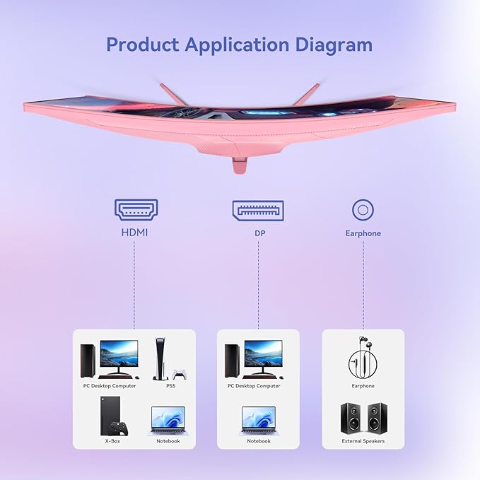 Pink 27 inch Curved Gaming Monitor 100Hz,FHD 1080P,1500R LED Display,Pink Computer Monitor,3ms (MPRT),FreeSync,Eye-Care Technology, DP, HDMI Port for Gaming Home Office,VESA(75mm×75mm)