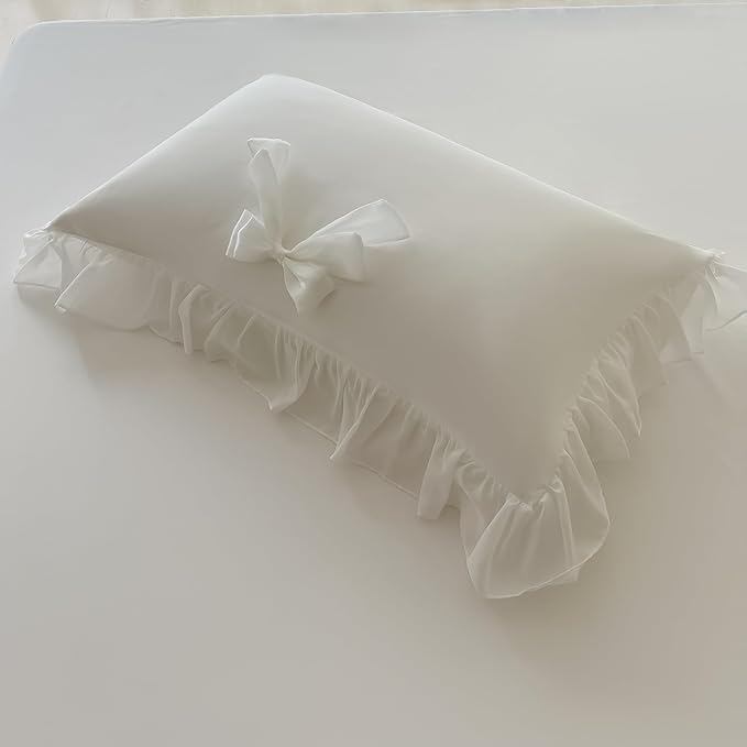 Ruffled Bedding Bow Duvet Cover Set with Butterfly Tie, Soft Brushed Microfiber Shabby Chic Bedding Set with Zipper Closure-White,Queen