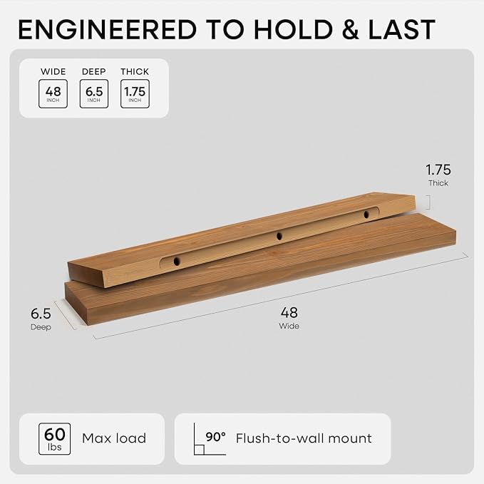 Homeforia 48 inch Golden Oak Floating Shelf, High End Solid Real Wood 48inch Small Floating Shelves for Wall Mounted, Oak Wooden 48in Floating Shelves, Heavy Duty Bracket, 48 X 6.5 X 1.75 in, Set of 2