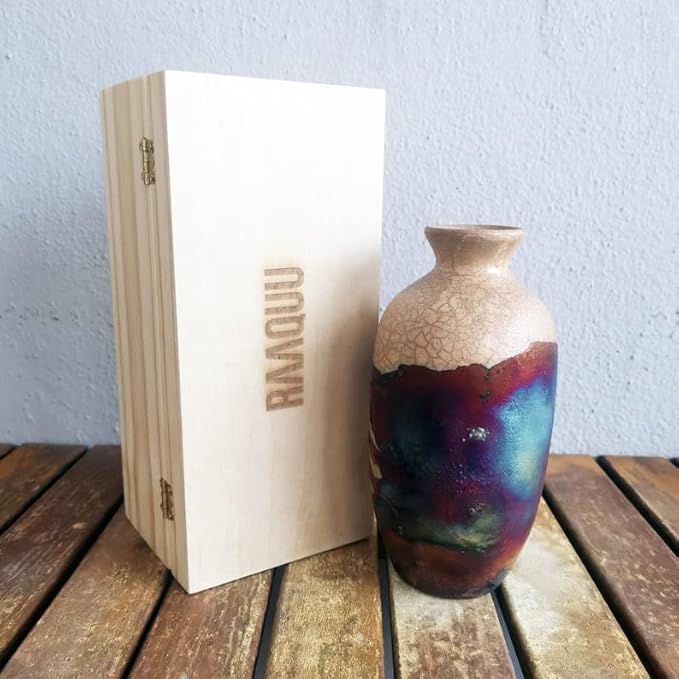 RAAQUU Koban 7 inch Raku Ceramic Clay Pottery Vase with Gift Box Corporate Gift in a Pine Box -Personalized Rustic Boho Handmade Gift in Half Copper Matte