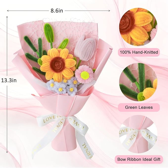 Hand-Woven Flower Bouquet Finished（1pcs） for Mother Girlfriend Birthday Gift Wedding Decoration Crochet Artificial Flower, Bouquet Gift (Sunflower Pink)