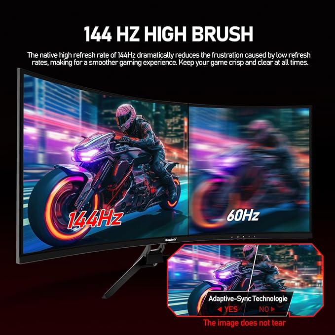 Gawfolk 34 Inch Ultrawide Curved 144Hz Gaming Computer Monitor 1500R PC Screen 21:9 UWQHD (3440x1440),Adaptive Sync,178° Viewing Angle,Display Port 1.4、HDMI 2.0,Compatible with Wall mounting -Black